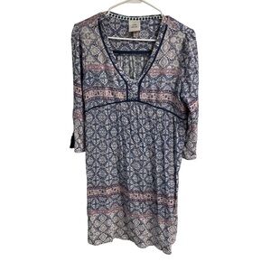 Knox Rose Medallion‎ Floral Print Dress 3/4” Length Sleeve Tassel Tie Detail L